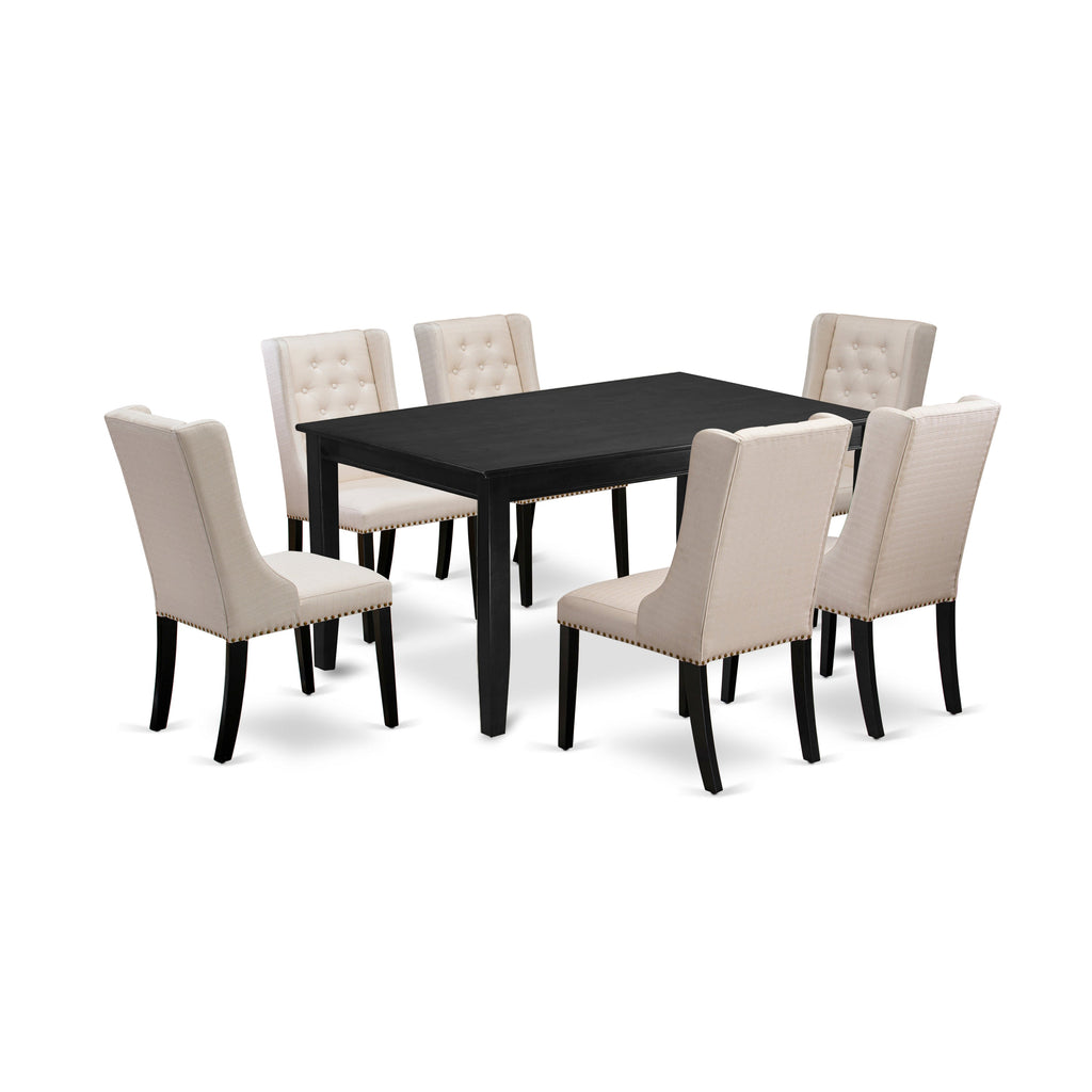 East West Furniture DUFO7-BLK-01 7 Piece Dining Room Table Set Consist of a Rectangle Wooden Table and 6 Cream Linen Fabric Upholstered Parson Chairs, 36x60 Inch, Black