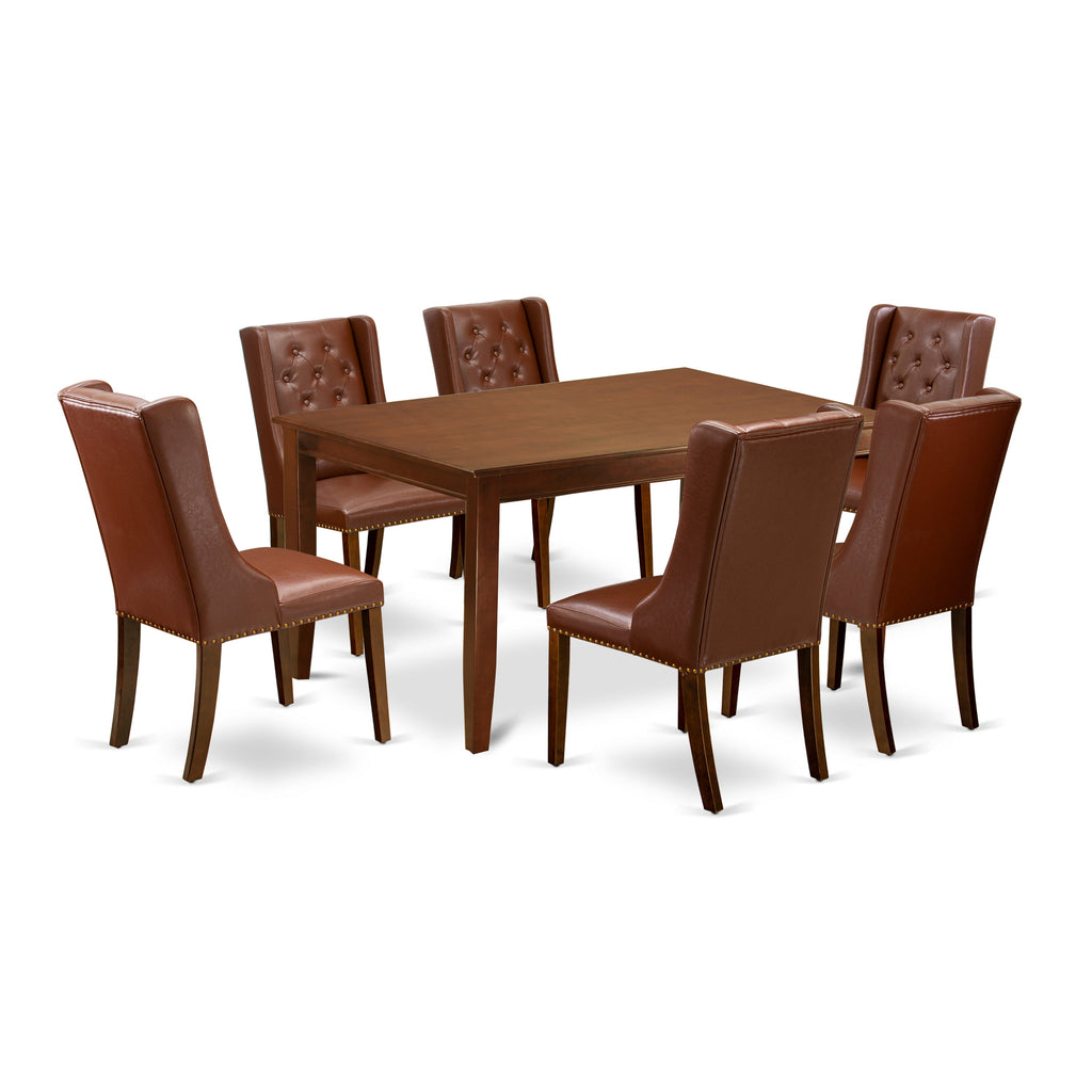 East West Furniture DUFO7-MAH-46 7 Piece Modern Dining Table Set Consist of a Rectangle Wooden Table and 6 Brown Faux Faux Leather Upholstered Chairs, 36x60 Inch, Mahogany