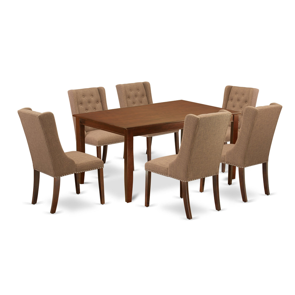 East West Furniture DUFO7-MAH-47 7 Piece Modern Dining Table Set Consist of a Rectangle Wooden Table and 6 Light Sable Linen Fabric Upholstered Chairs, 36x60 Inch, Mahogany