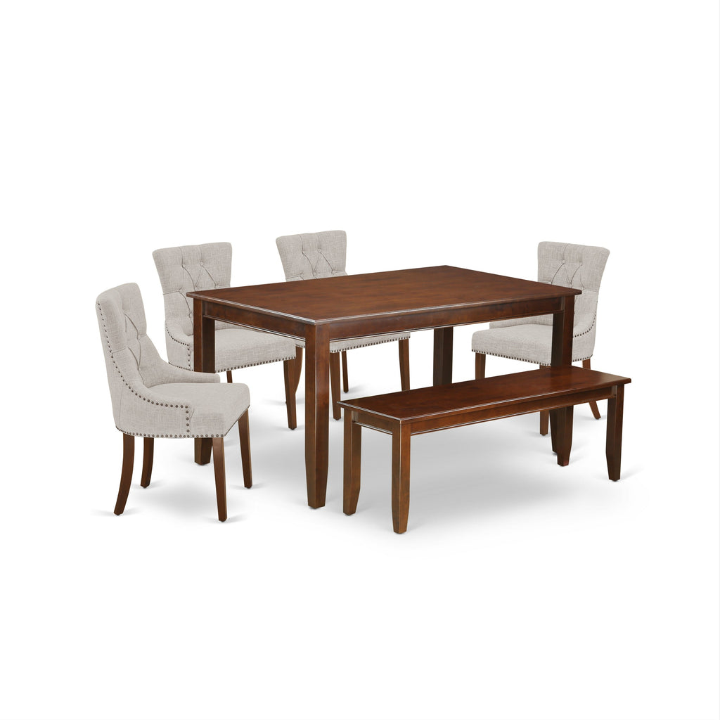 East West Furniture DUFR6-MAH-05 6 Piece Dining Table Set Contains a Rectangle Dining Room Table and 4 Doeskin Linen Fabric Upholstered Chairs with a Bench, 36x60 Inch, Mahogany