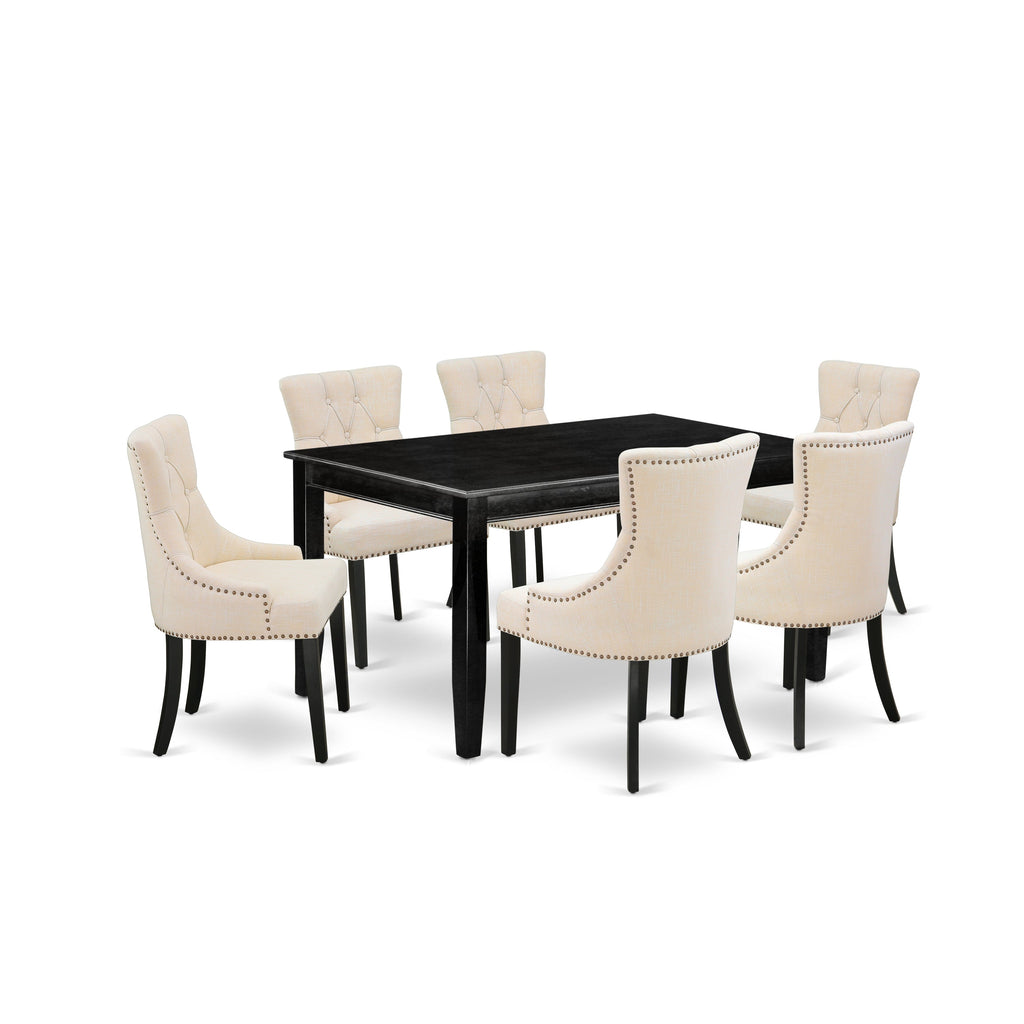 East West Furniture DUFR7-BLK-02 7 Piece Dining Room Table Set Consist of a Rectangle Wooden Table and 6 Light Beige Linen Fabric Upholstered Parson Chairs, 36x60 Inch, Black