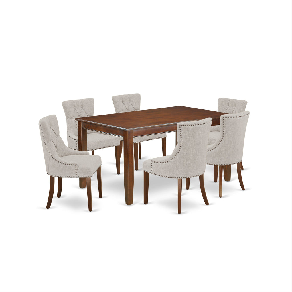 East West Furniture DUFR7-MAH-05 7 Piece Kitchen Table Set Consist of a Rectangle Dining Table and 6 Doeskin Linen Fabric Parson Dining Room Chairs, 36x60 Inch, Mahogany