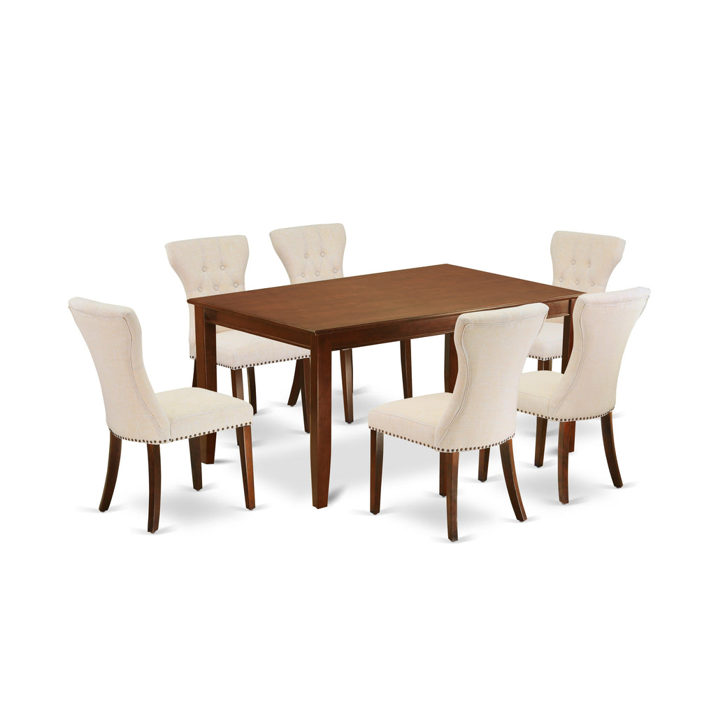 East West Furniture DUGA7-MAH-32 7 Piece Dining Room Table Set Consist of a Rectangle Kitchen Table and 6 Light Beige Linen Fabric Parson Dining Chairs, 36x60 Inch, Mahogany