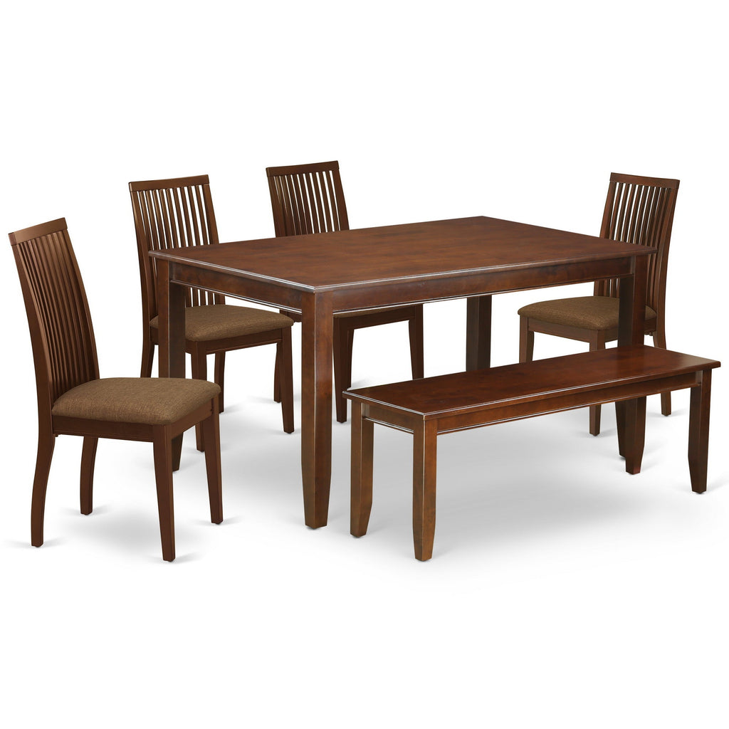 East West Furniture DUIP6-MAH-C 6 Piece Kitchen Table Set Contains a Rectangle Dining Table and 4 Linen Fabric Dining Chairs with a Bench, 36x60 Inch, Mahogany