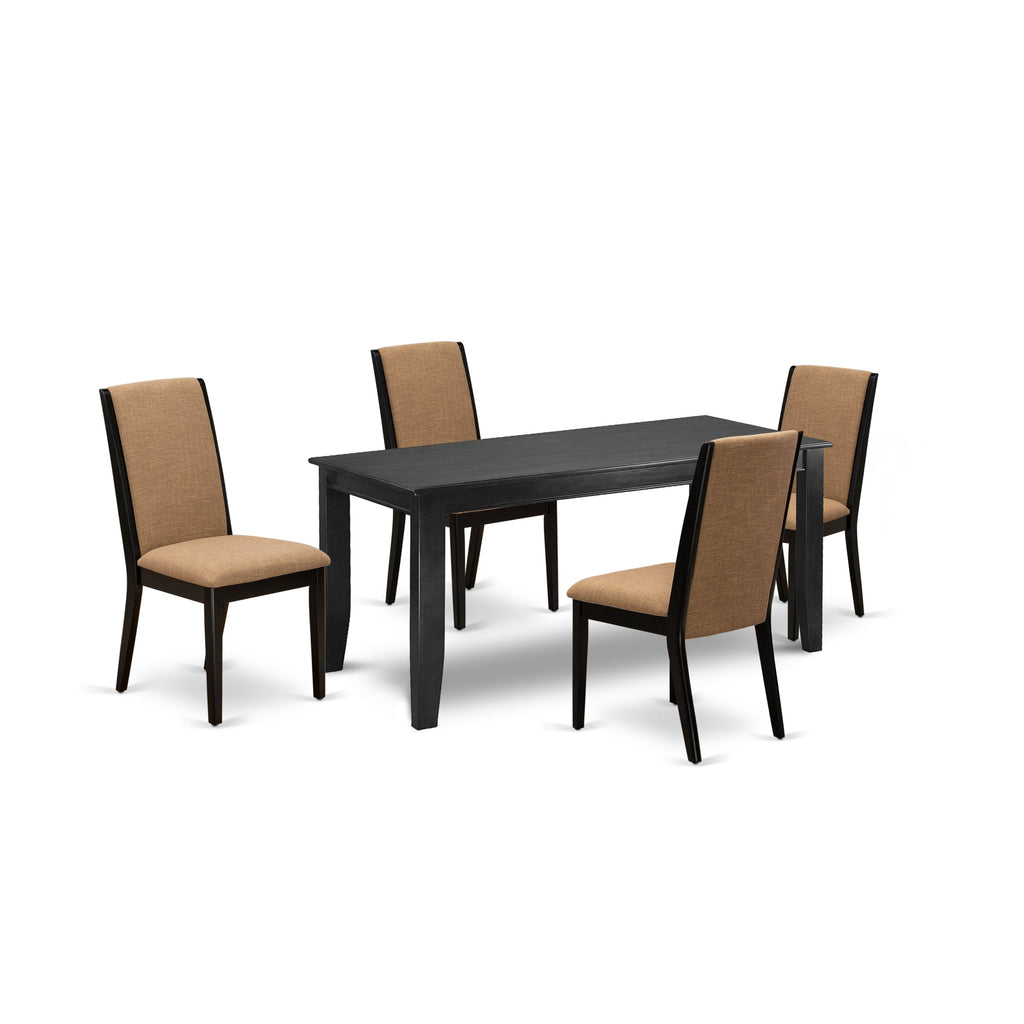 East West Furniture DULA5-BLK-47 5 Piece Dining Room Furniture Set Includes a Rectangle Dining Table and 4 Light Sable Linen Fabric Parsons Chairs, 36x60 Inch, Black