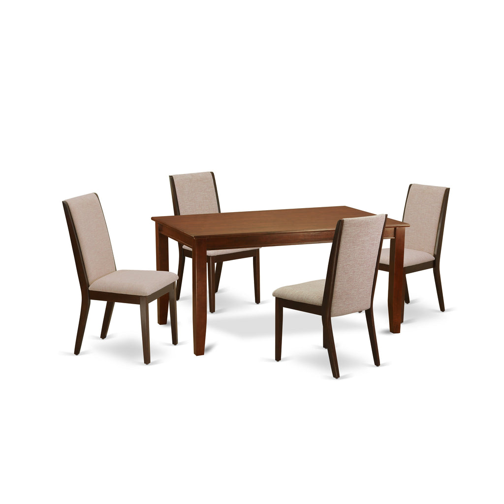 East West Furniture DULA5-MAH-04 5 Piece Dining Room Furniture Set Includes a Rectangle Dining Table and 4 Light Tan Linen Fabric Upholstered Parson Chairs, 36x60 Inch, Mahogany