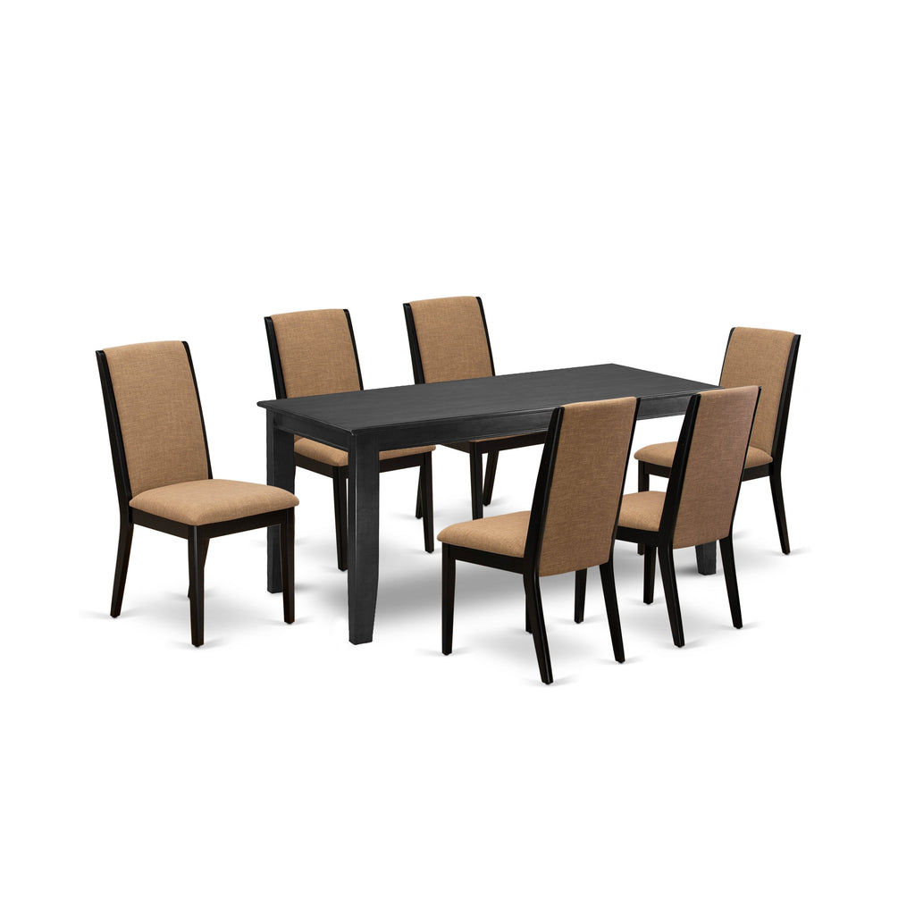 East West Furniture DULA7-BLK-47 7 Piece Kitchen Table & Chairs Set Consist of a Rectangle Dining Room Table and 6 Light Sable Linen Fabric Upholstered Chairs, 36x60 Inch, Black
