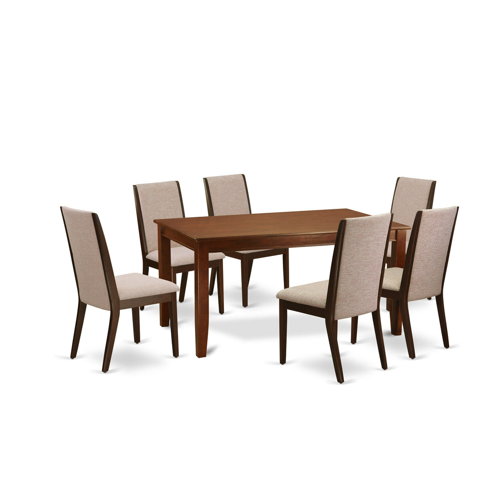 East West Furniture DULA7-MAH-04 7 Piece Dining Room Table Set Consist of a Rectangle Kitchen Table and 6 Light Tan Linen Fabric Parson Dining Chairs, 36x60 Inch, Mahogany