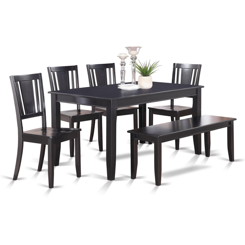 East West Furniture DULE6-BLK-W 6 Piece Dining Table Set Contains a Rectangle Dining Room Table and 4 Wooden Seat Chairs with a Bench, 36x60 Inch, Black