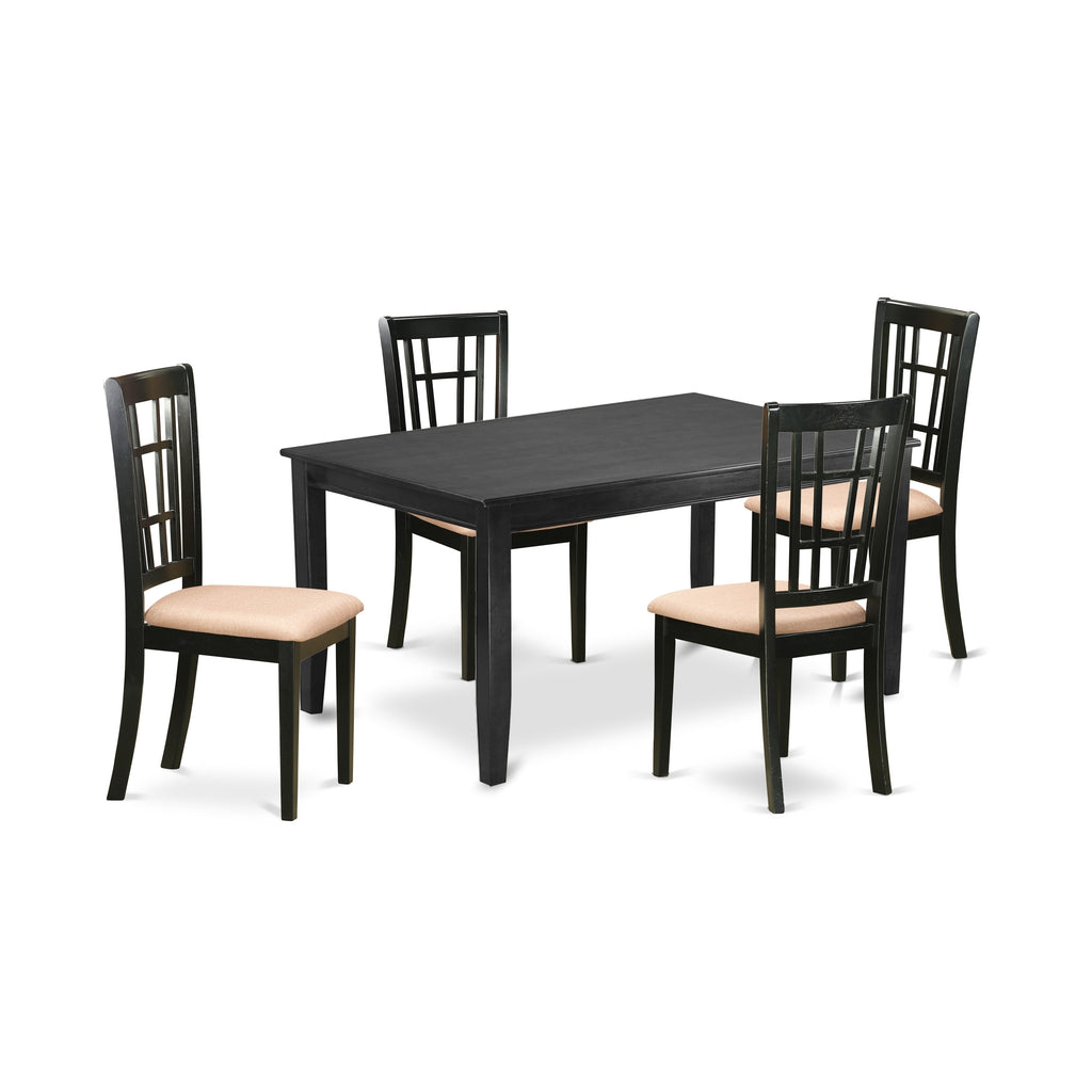East West Furniture DUNI5-BLK-C 5 Piece Kitchen Table & Chairs Set Includes a Rectangle Dining Table and 4 Linen Fabric Dining Room Chairs, 36x60 Inch, Black
