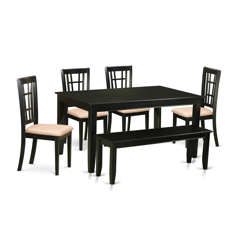 East West Furniture DUNI6-BLK-C 6 Piece Dining Table Set Contains a Rectangle Wooden Table and 4 Linen Fabric Dining Room Chairs with a Bench, 36x60 Inch, Black