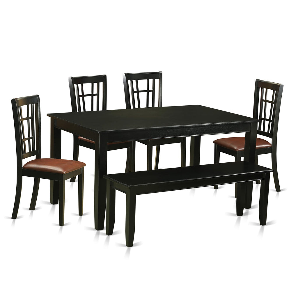 East West Furniture DUNI6-BLK-LC 6 Piece Kitchen Table & Chairs Set Contains a Rectangle Dining Table and 4 Faux Leather Dining Room Chairs with a Bench, 36x60 Inch, Black