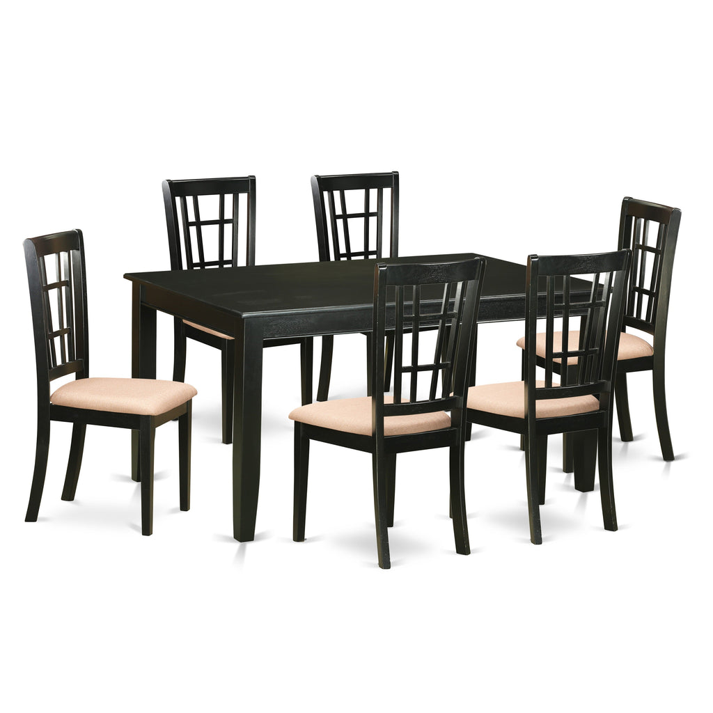 East West Furniture DUNI7-BLK-C 7 Piece Dining Room Table Set Consist of a Rectangle Kitchen Table and 6 Linen Fabric Upholstered Dining Chairs, 36x60 Inch, Black