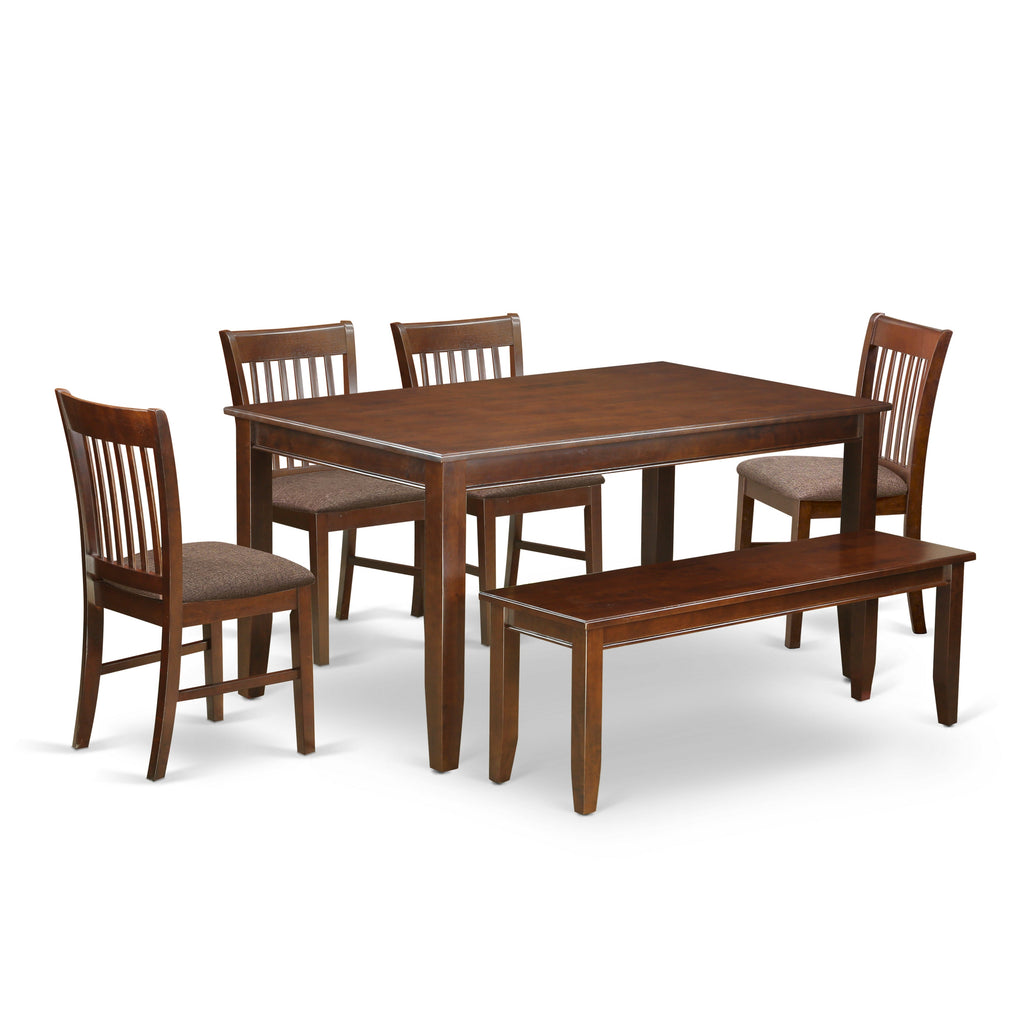 East West Furniture DUNO6D-MAH-C 6 Piece Kitchen Table Set Contains a Rectangle Dining Table and 4 Linen Fabric Dining Chairs with a Bench, 36x60 Inch, Mahogany