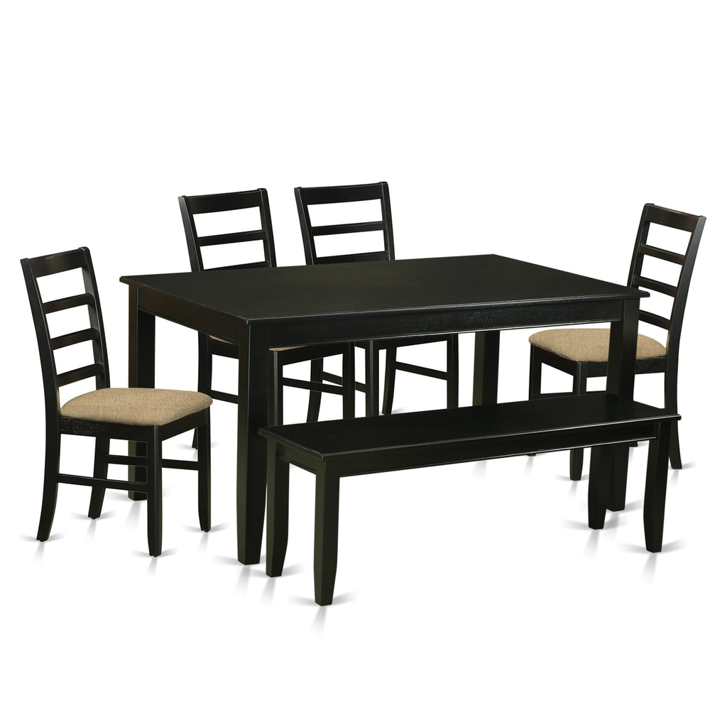 East West Furniture DUPF6-BLK-C 6 Piece Dining Room Furniture Set Contains a Rectangle Kitchen Table and 4 Linen Fabric Dining Chairs with a Bench, 36x60 Inch, Black