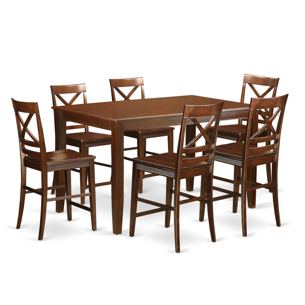 East West Furniture DUQU7H-MAH-W 7 Piece Kitchen Counter Height Dining Table Set Consist of a Rectangle Dining Room Table and 6 Wooden Seat Chairs, 36x60 Inch, Mahogany