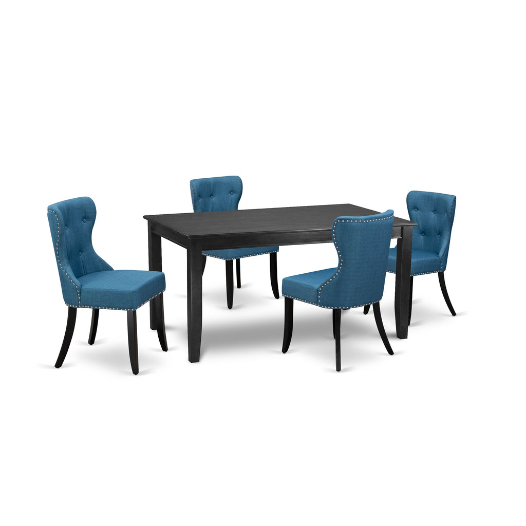 East West Furniture DUSI5-BLK-21 5 Piece Dining Room Table Set Includes a Rectangle Kitchen Table and 4 Blue Linen Fabric Parson Dining Chairs, 36x60 Inch, Black