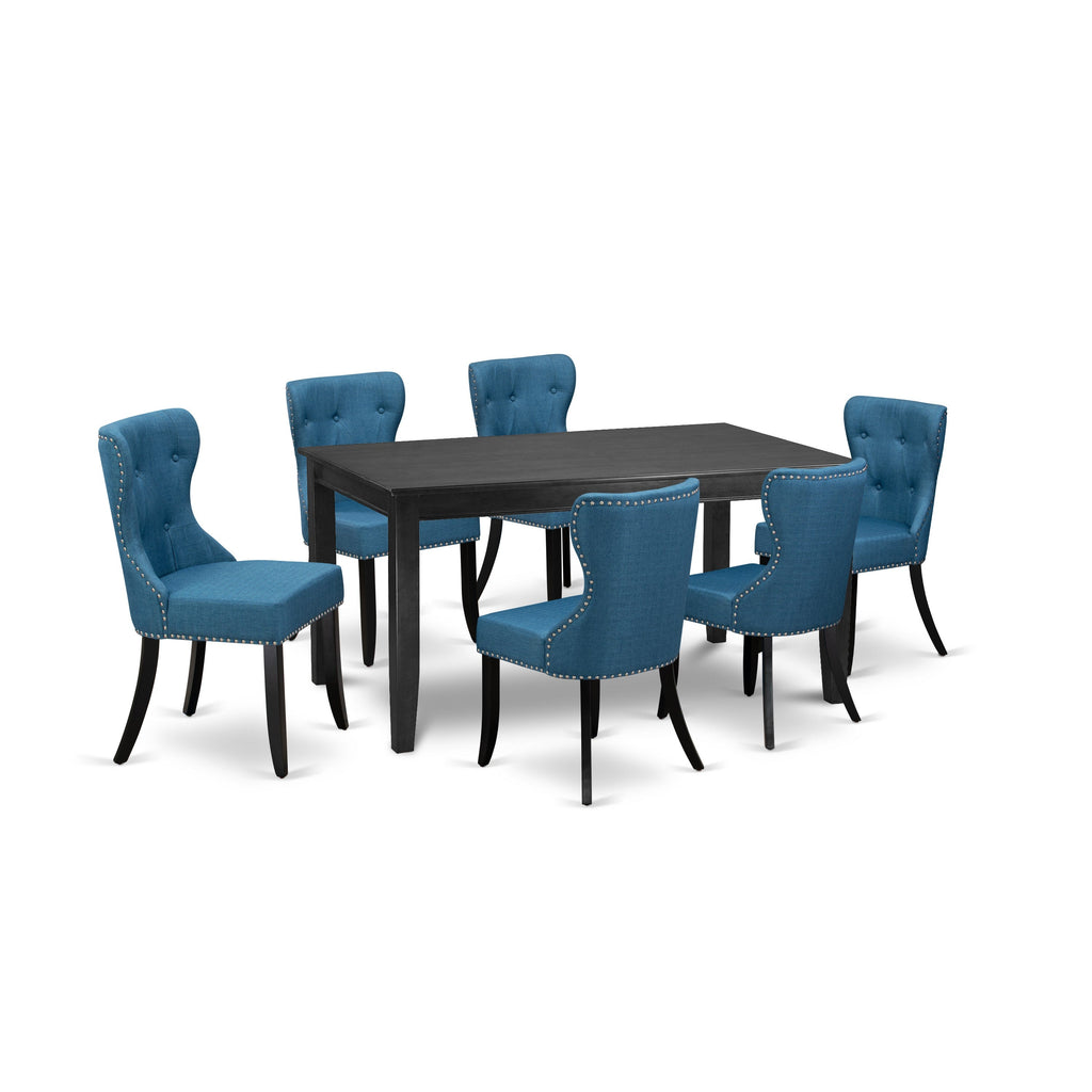 East West Furniture DUSI7-BLK-21 7 Piece Dining Table Set Consist of a Rectangle Kitchen Table and 6 Blue Linen Fabric Parsons Dining Chairs, 36x60 Inch, Black