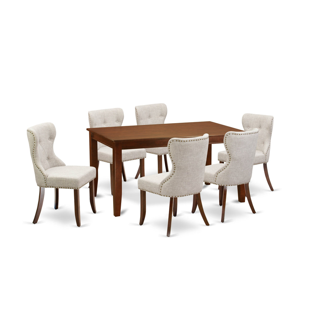 East West Furniture DUSI7-MAH-35 7 Piece Dining Table Set Consist of a Rectangle Dining Room Table and 6 Doeskin Linen Fabric Parsons Chairs, 36x60 Inch, Mahogany