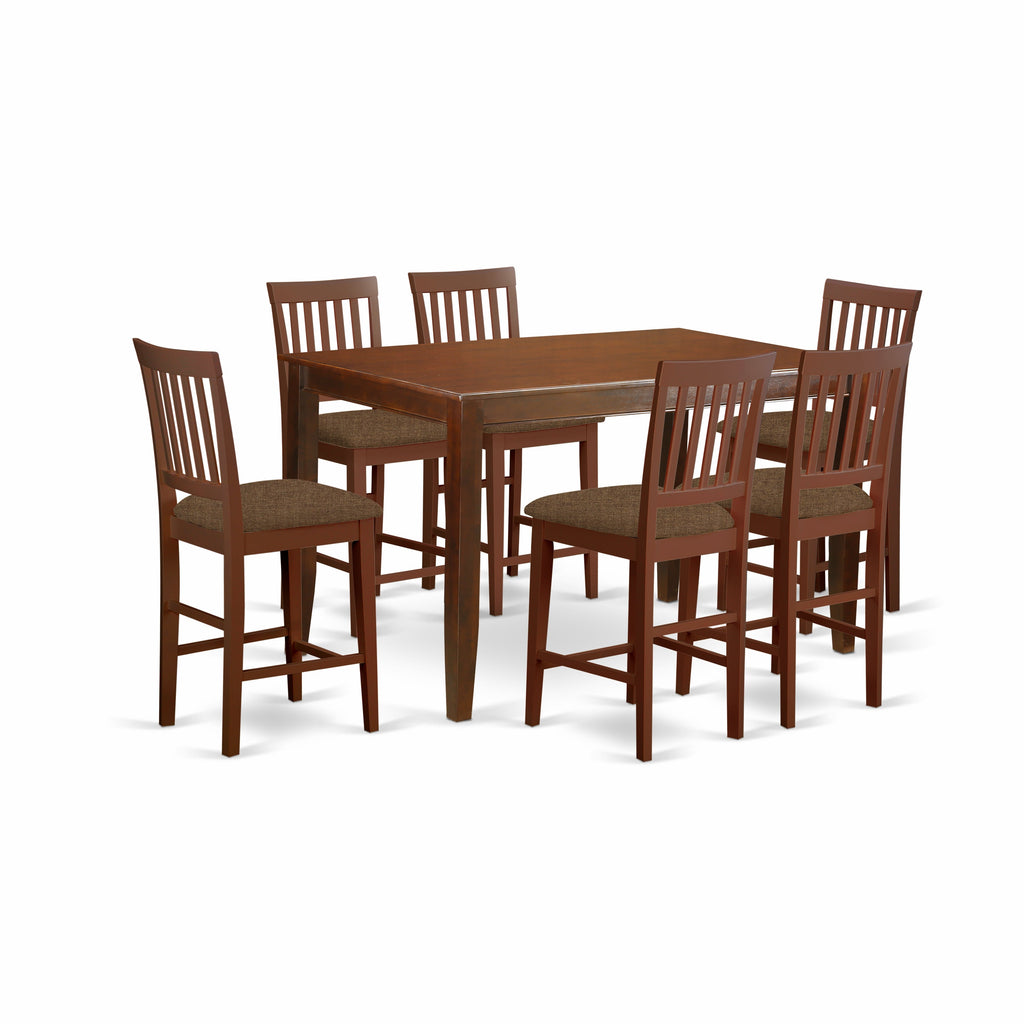 East West Furniture DUVN7H-MAH-C 7 Piece Kitchen Counter Set Consist of a Rectangle Dining Table and 6 Linen Fabric Dining Room Chairs, 36x60 Inch, Mahogany