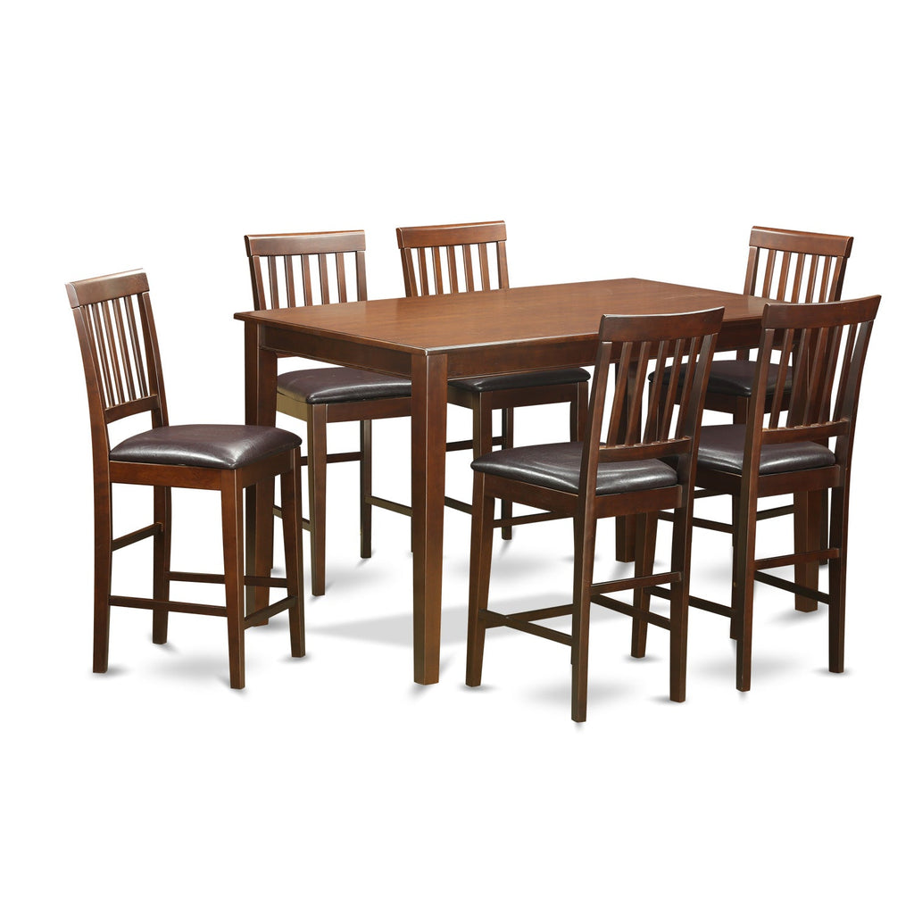 East West Furniture DUVN7H-MAH-LC 7 Piece Counter Height Dining Table Set Consist of a Rectangle Wooden Table and 6 Faux Leather Kitchen Dining Chairs, 36x60 Inch, Mahogany