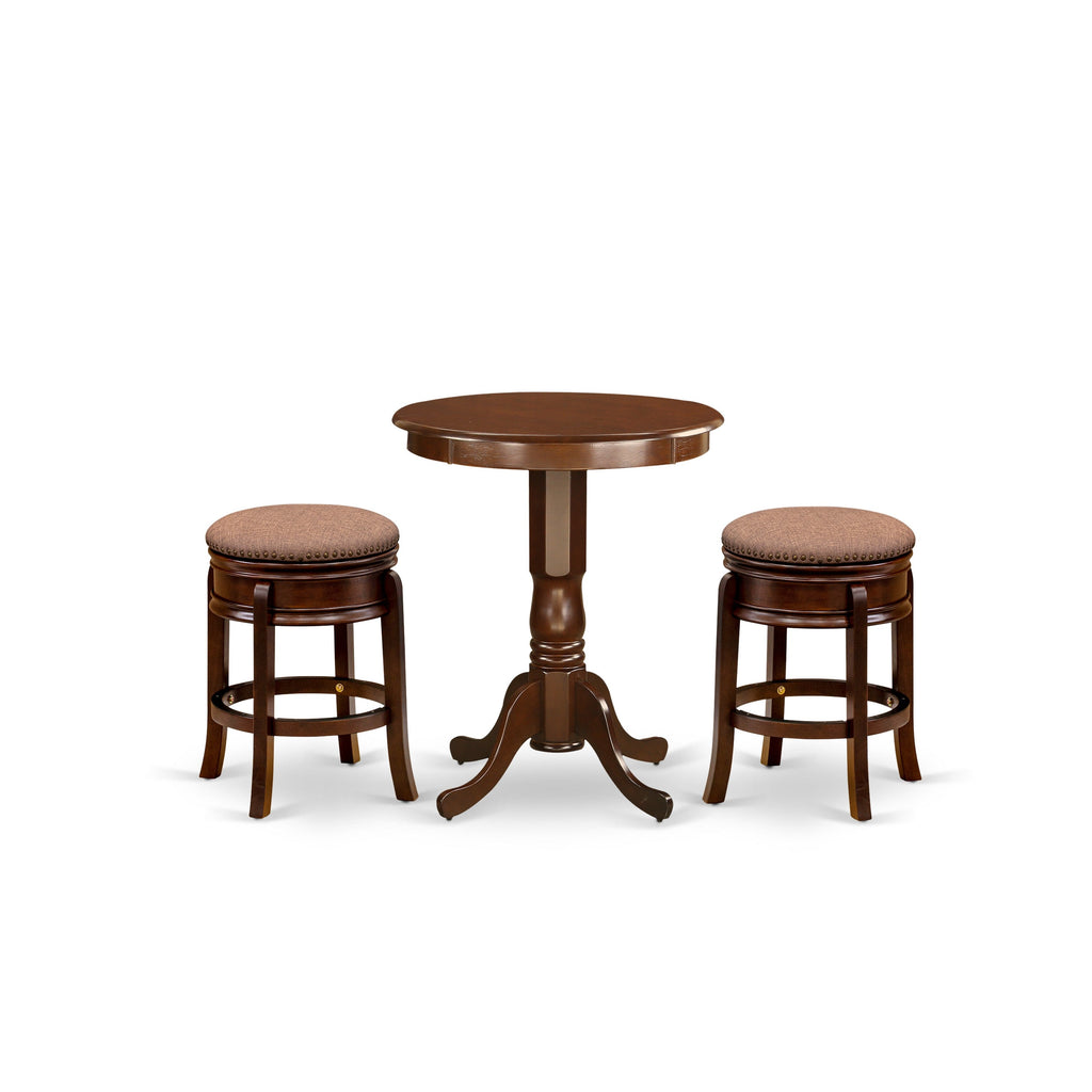 East West Furniture EDAM3-MAH-03 3 Piece Kitchen Counter Height Dining Table Set Contains a Round Wooden Table with Pedestal and 2 Backless Stools, 30x30 Inch, Mahogany