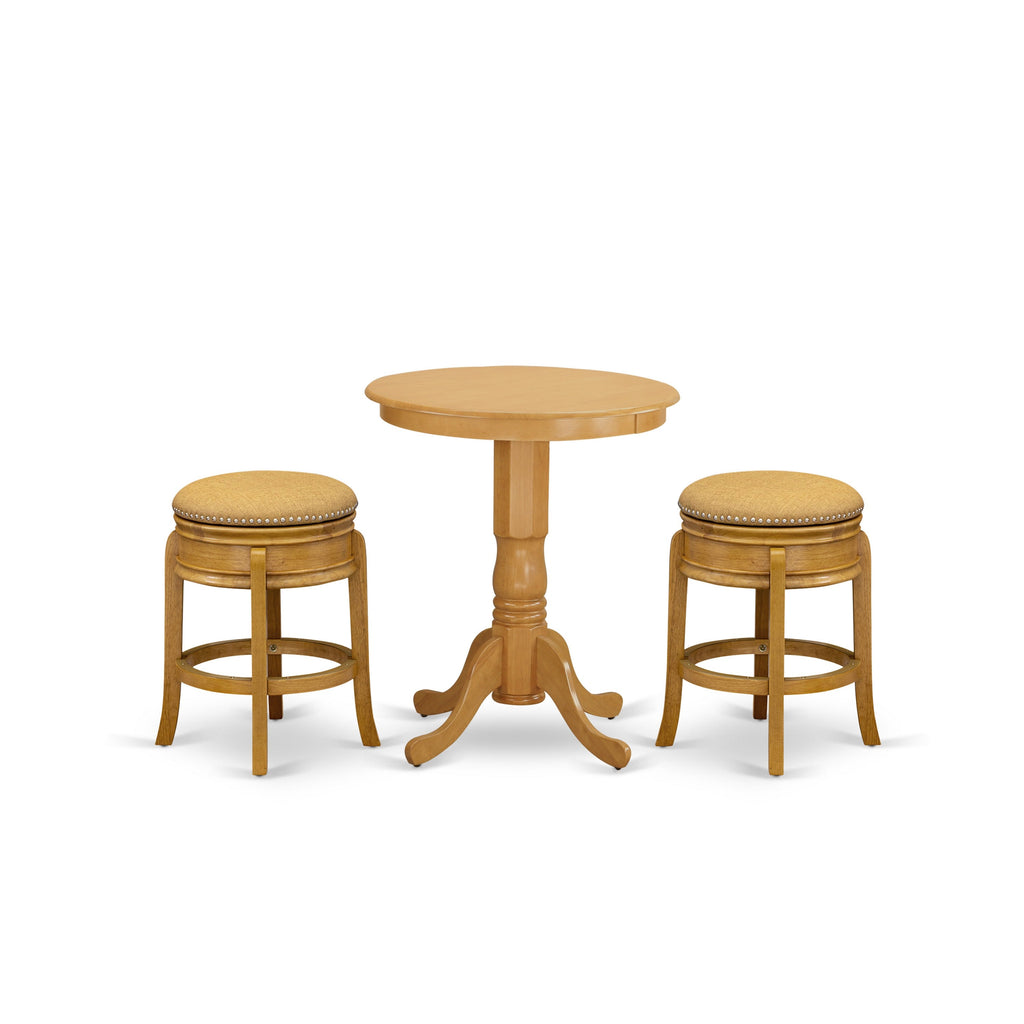 East West Furniture EDAM3-OAK-16 3 Piece Kitchen Counter Height Dining Table Set Contains a Round Wooden Table with Pedestal and 2 Backless Stools, 30x30 Inch, Oak