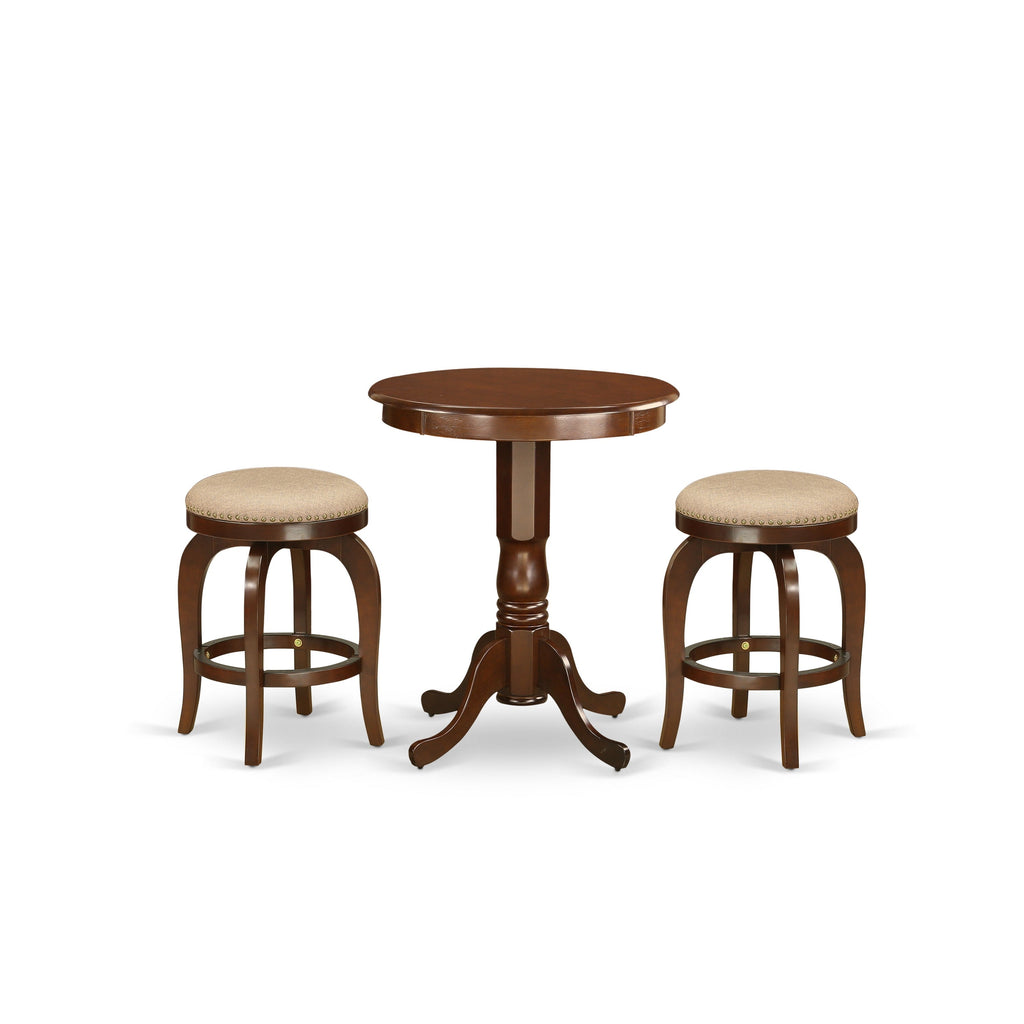 East West Furniture EDBF3-MAH-03 3 Piece Kitchen Counter Height Dining Table Set Contains a Round Wooden Table with Pedestal and 2 Backless Stools, 30x30 Inch, Mahogany