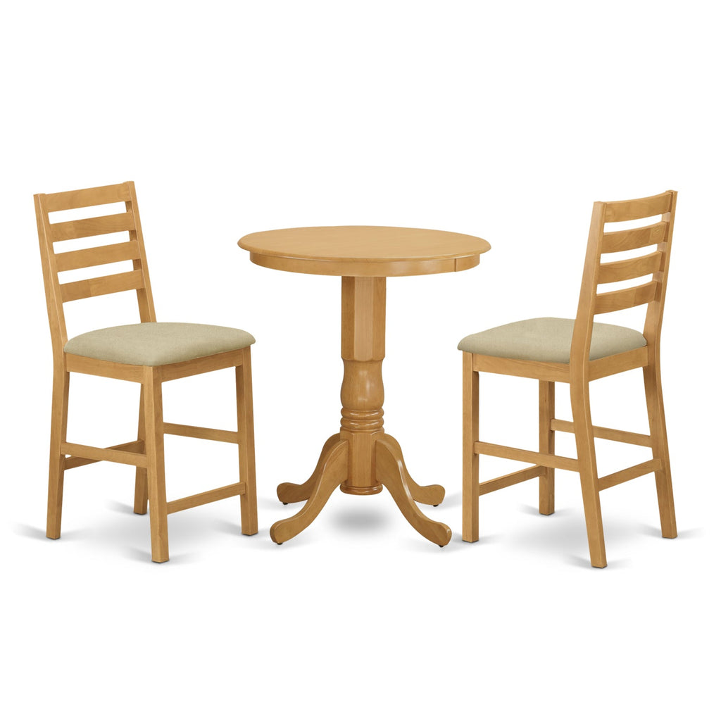 East West Furniture EDCF3-OAK-C 3 Piece Counter Height Dining Set for Small Spaces Contains a Round Kitchen Table with Pedestal and 2 Linen Fabric Dining Chairs, 30x30 Inch, Oak