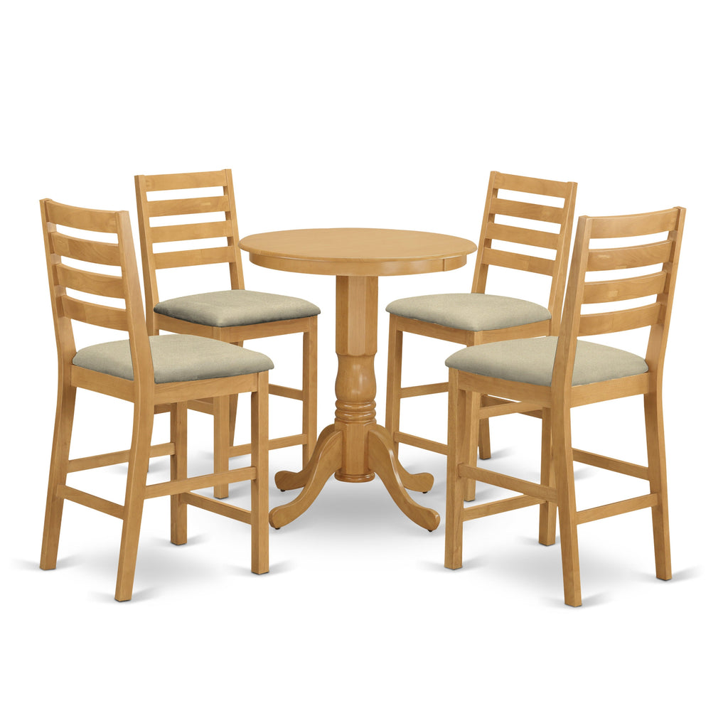 East West Furniture EDCF5-OAK-C 5 Piece Counter Height Dining Set Includes a Round Kitchen Table with Pedestal and 4 Linen Fabric Dining Room Chairs, 30x30 Inch, Oak