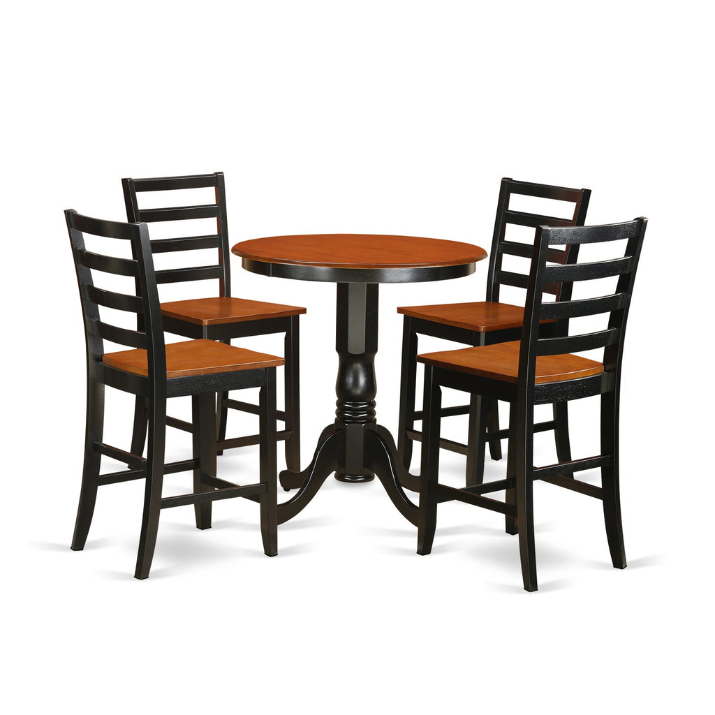 East West Furniture EDFA5-BLK-W 5 Piece Counter Height Dining Table Set Includes a Round Kitchen Table with Pedestal and 4 Dining Chairs, 30x30 Inch, Black & Cherry