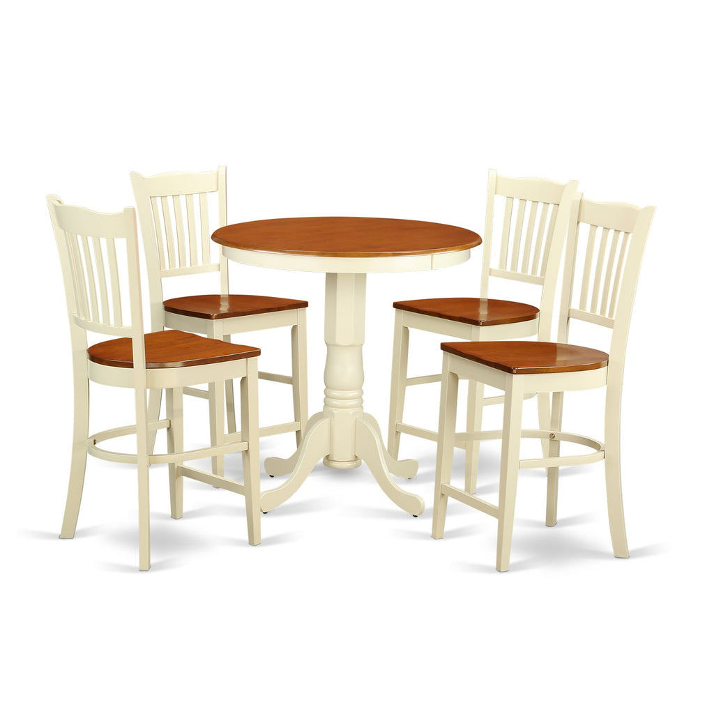 East West Furniture EDGR5-WHI-W 5 Piece Kitchen Counter Height Dining Table Set Includes a Round Wooden Table with Pedestal and 4 Dining Chairs, 30x30 Inch, Buttermilk & Cherry