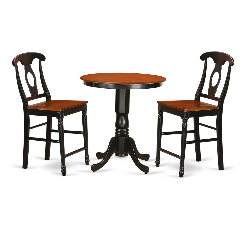 East West Furniture EDKE3-BLK-W 3 Piece Counter Height Pub Set for Small Spaces Contains a Round Dining Room Table with Pedestal and 2 Kitchen Chairs, 30x30 Inch, Black & Cherry