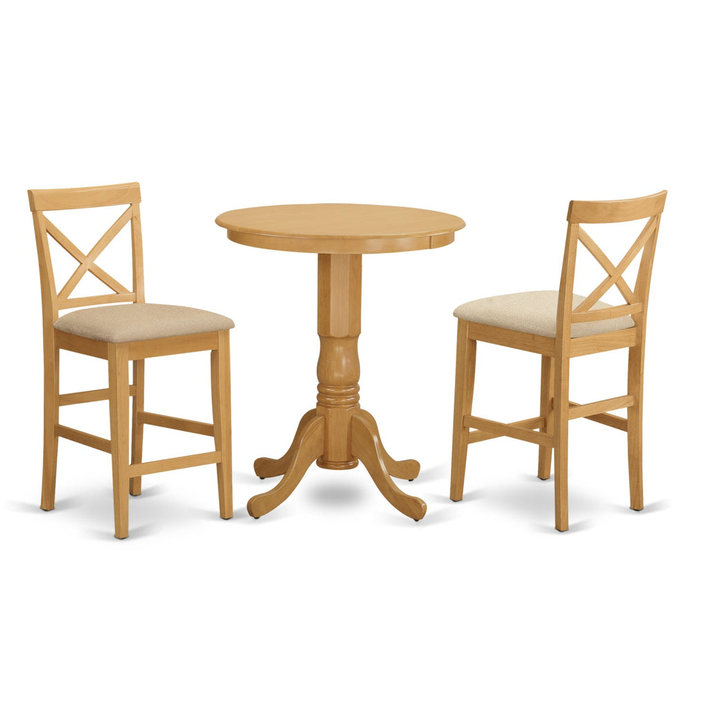 East West Furniture EDPB3-OAK-C 3 Piece Counter Set for Small Spaces Contains a Round Dining Room Table with Pedestal and 2 Linen Fabric Upholstered Chairs, 30x30 Inch, Oak
