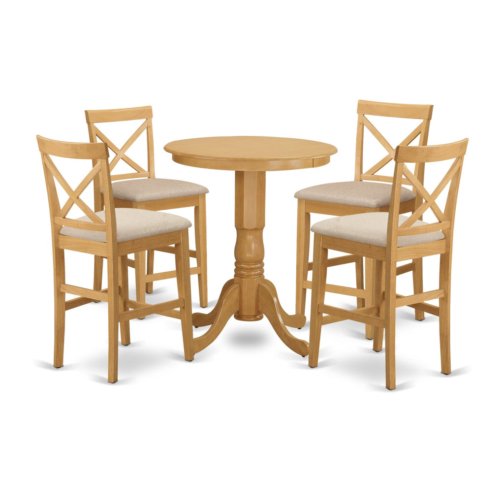 East West Furniture EDPB5-OAK-C 5 Piece Counter Height Dining Set Includes a Round Kitchen Table with Pedestal and 4 Linen Fabric Dining Room Chairs, 30x30 Inch, Oak