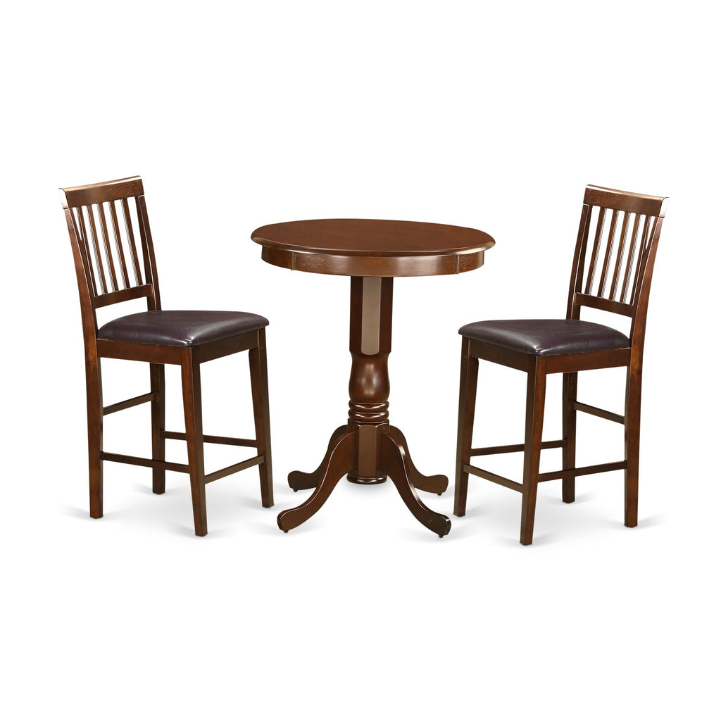 East West Furniture EDVN3-MAH-LC 3 Piece Counter Height Dining Set Contains a Round Dining Room Table with Pedestal and 2 Faux Leather Upholstered Chairs, 30x30 Inch, Mahogany