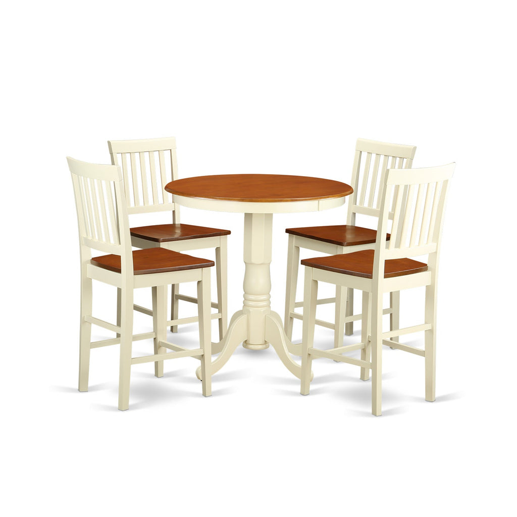 East West Furniture EDVN5-WHI-W 5 Piece Kitchen Counter Height Dining Table Set Includes a Round Wooden Table with Pedestal and 4 Dining Chairs, 30x30 Inch, Buttermilk & Cherry