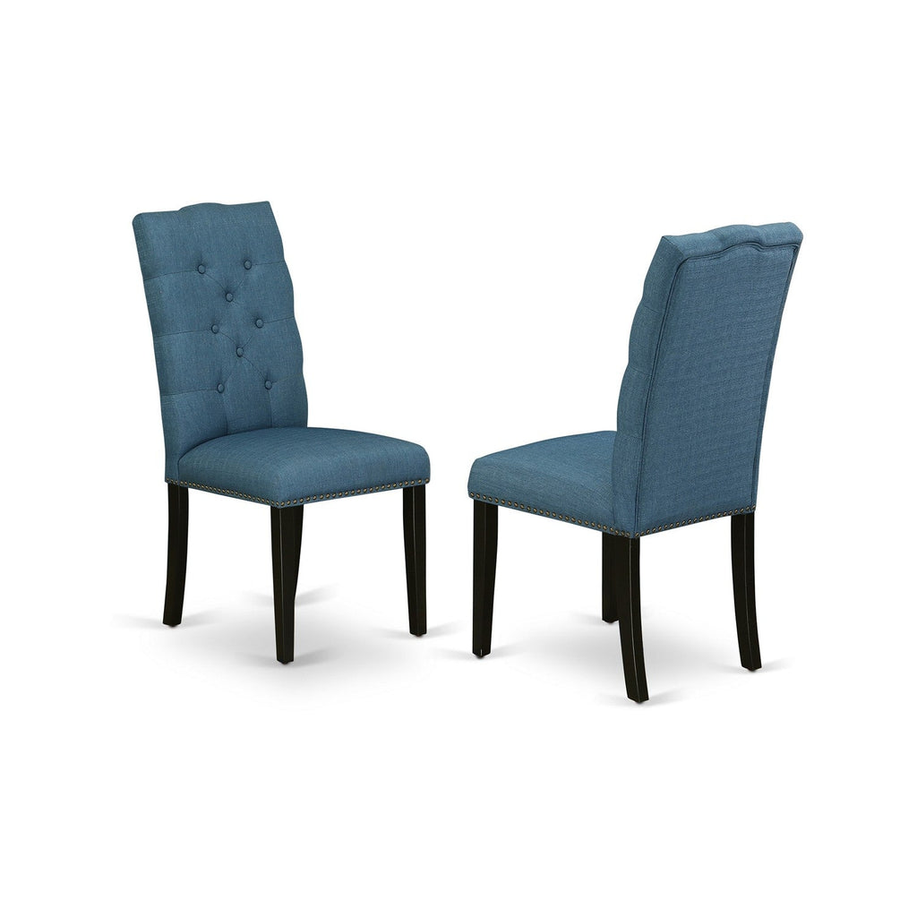 East West Furniture ELP1T21 Elsa Parson Kitchen Chairs - Button Tufted Nailhead Trim Blue Linen Fabric Upholstered Dining Chairs, Set of 2, Black