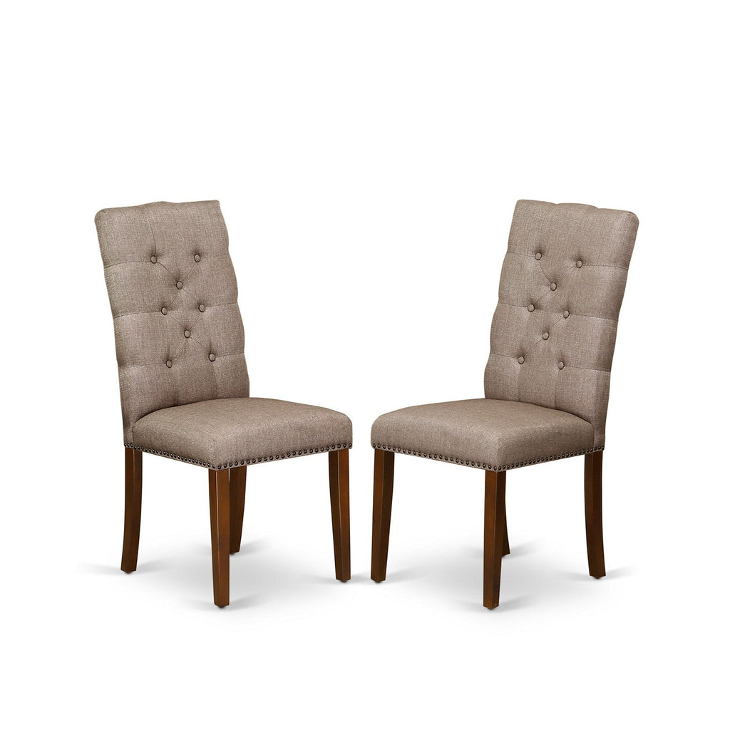 East West Furniture ELP3T16 Elsa Parson Dining Chairs - Button Tufted Nailhead Trim Dark Khaki Linen Fabric Upholstered Chairs, Set of 2, Mahogany