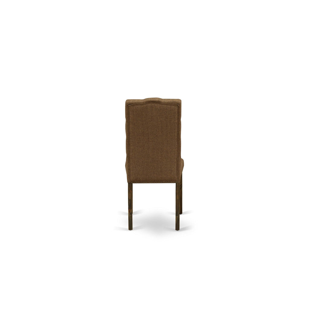 East West Furniture V726EL718-6 6-Pc Dining -Brown Beige Linen Fabric Seat and Button Tufted Chair Back Parson Dining chairs, A Rectangular Bench and Rectangular Top Dining room Table with Solid Wood Legs - Linen White and Distressed Jacobean Finish