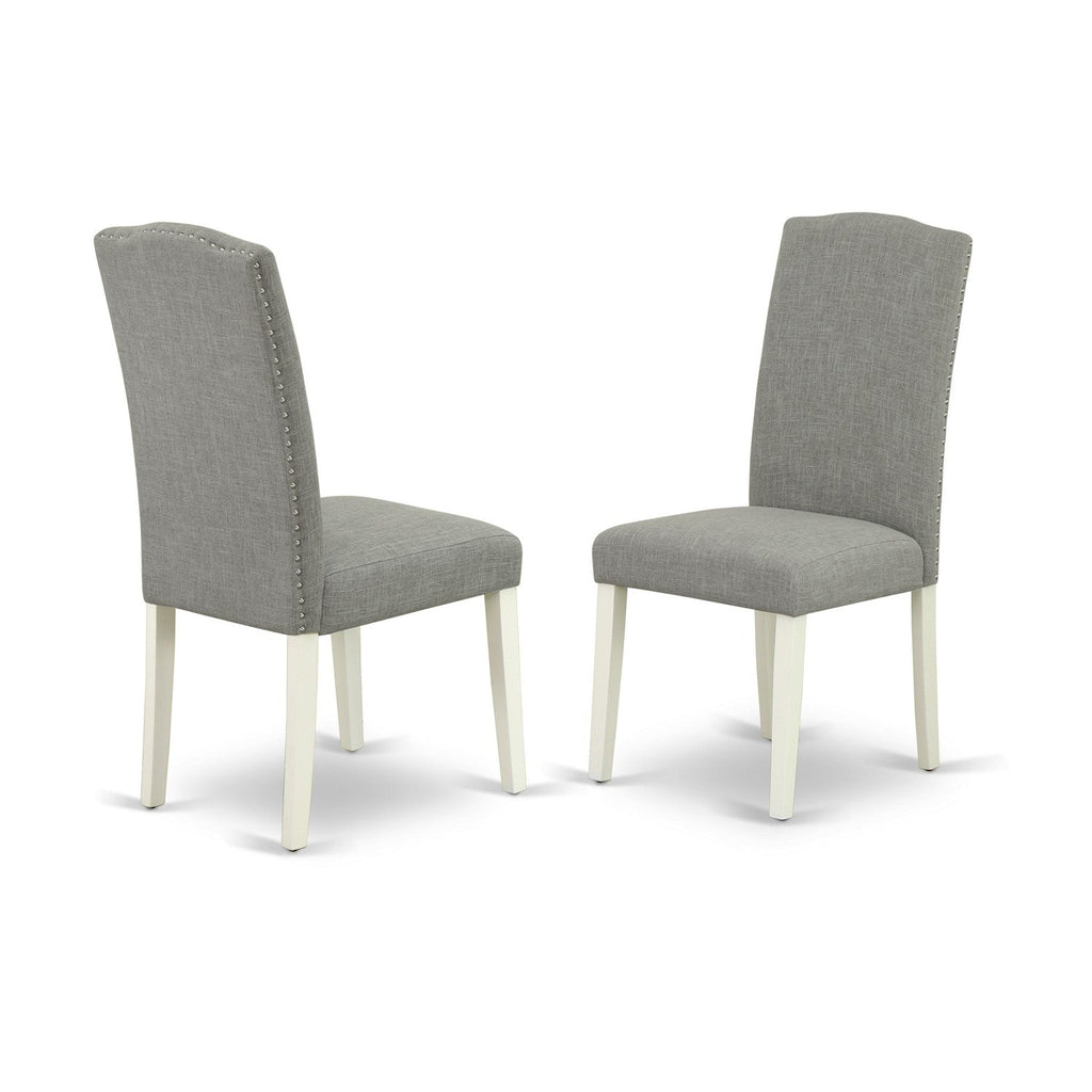 East West Furniture ENP2T06 Encinal Parson Dining Chairs - Nailhead Trim Dark Shitake Linen Fabric Padded Chairs, Set of 2, Linen White