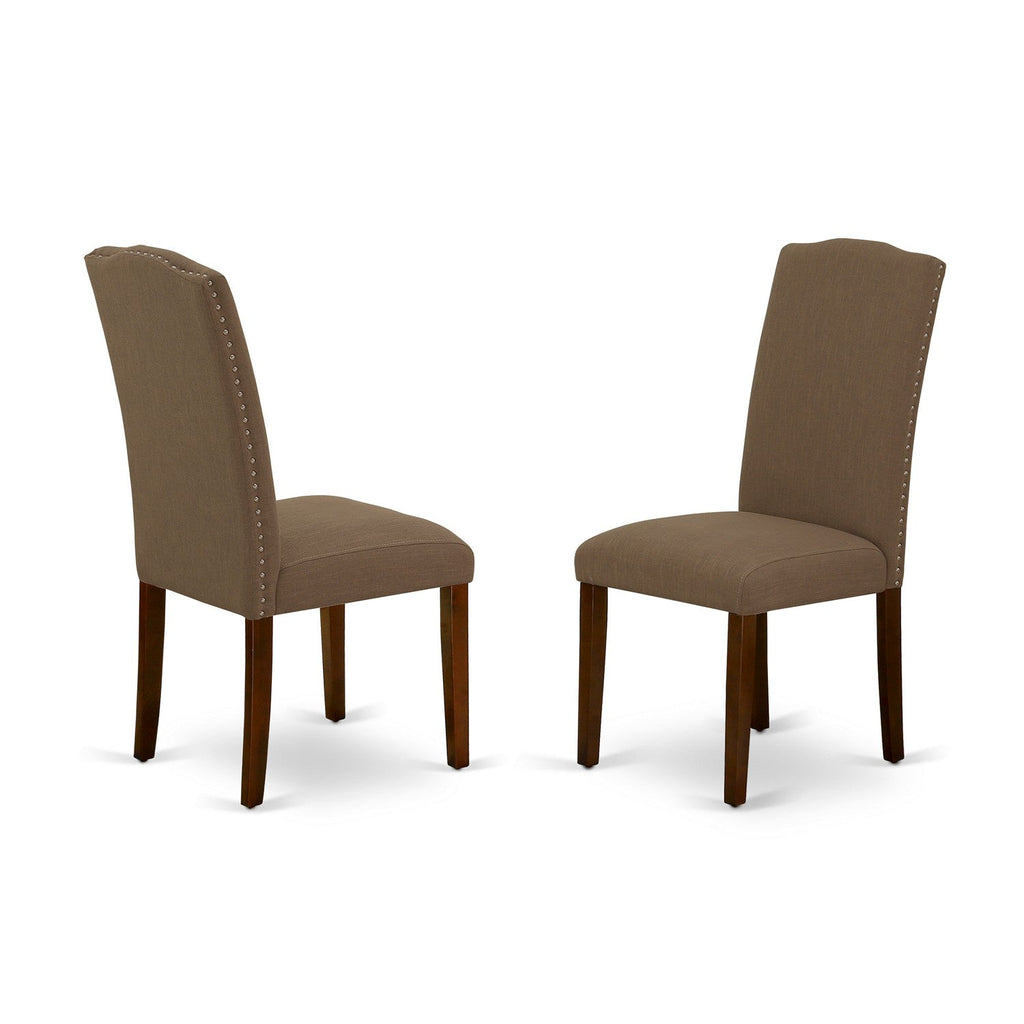 East West Furniture ENP3T18 Encinal Parson Dining Chairs - Nailhead Trim Dark Coffee Linen Fabric Upholstered Chairs, Set of 2, Mahogany