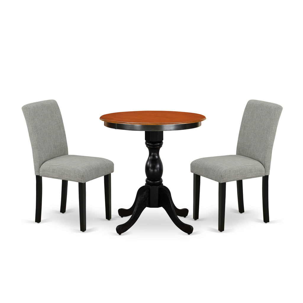 East West Furniture ESAB3-BCH-06 3 Piece Kitchen Table Set Contains a Round Dining Room Table with Pedestal and 2 Shitake Linen Fabric Parson Dining Chairs, 30x30 Inch, Black & Cherry