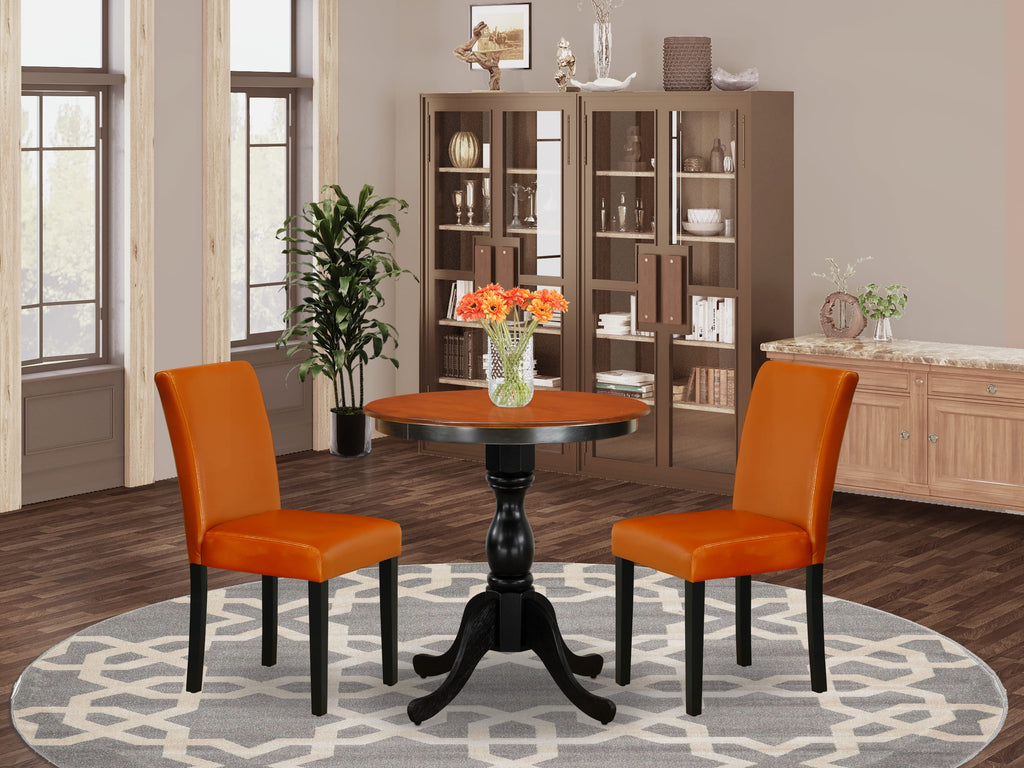 East West Furniture ESAB3-BCH-61 3 Piece Dining Set Contains a Round Dining Room Table with Pedestal and 2 Baked Bean Faux Leather Upholstered Parson Chairs, 30x30 Inch, Black & Cherry
