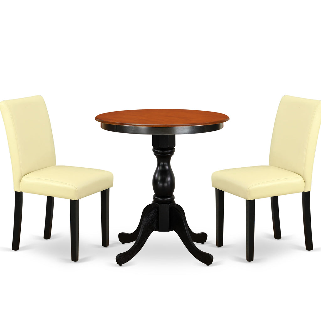 East West Furniture ESAB3-BCH-73 3 Piece Dining Room Table Set Contains a Round Kitchen Table with Pedestal and 2 Eggnog Faux Leather Parson Dining Chairs, 30x30 Inch, Black & Cherry