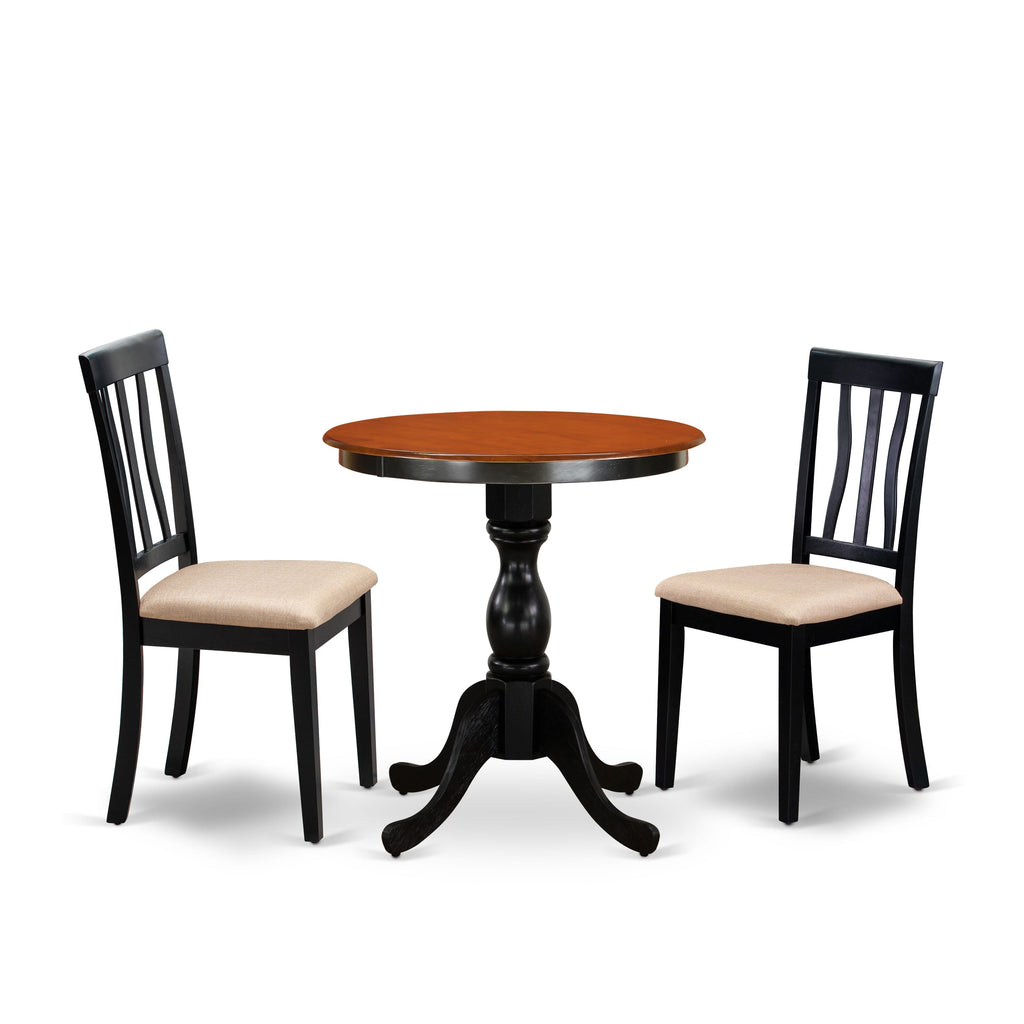 East West Furniture ESAN3-BCH-C 3 Piece Dining Table Set for Small Spaces Contains a Round Dining Room Table with Pedestal and 2 Linen Fabric Upholstered Chairs, 30x30 Inch, Black & Cherry