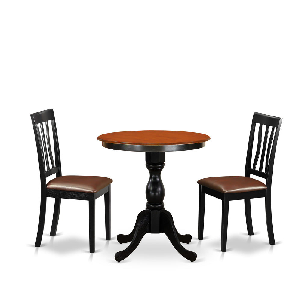 East West Furniture ESAN3-BCH-LC 3 Piece Kitchen Table & Chairs Set Contains a Round Dining Room Table with Pedestal and 2 Faux Leather Upholstered Dining Chairs, 30x30 Inch, Black & Cherry