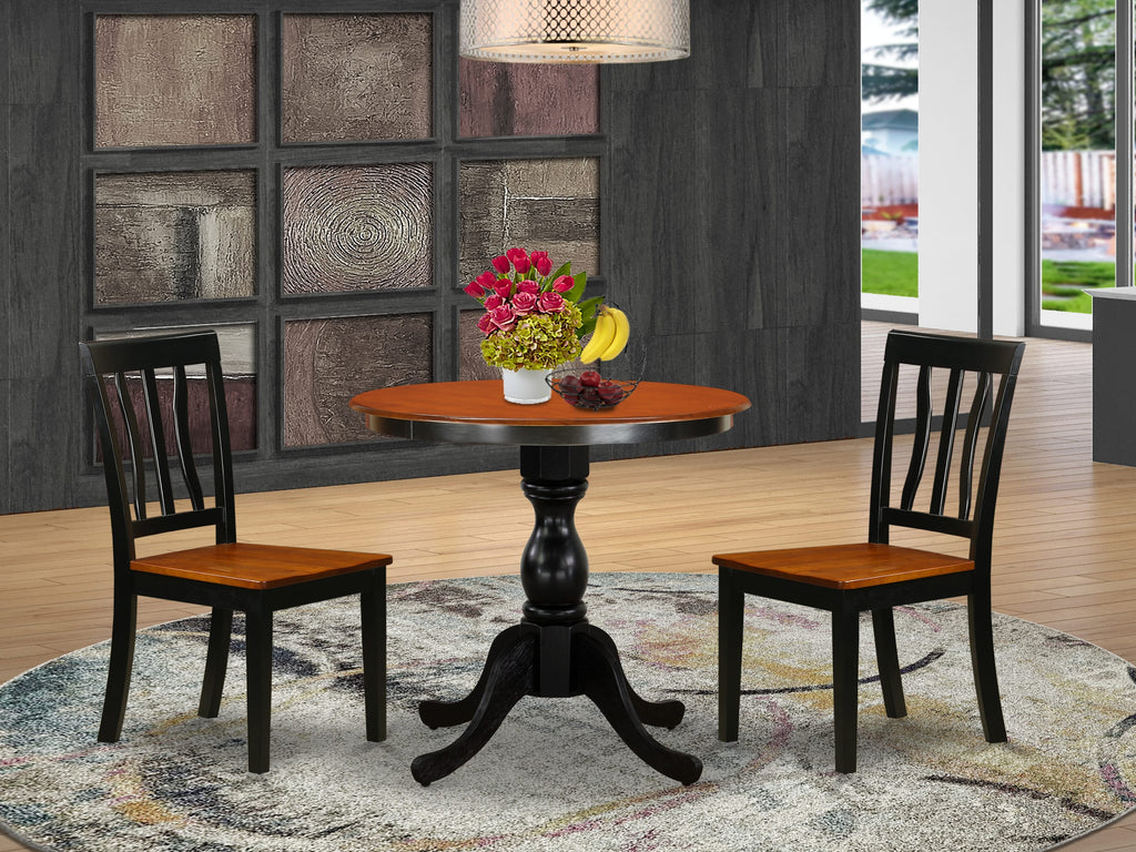 East West Furniture ESAN3-BCH-W 3 Piece Kitchen Table Set for Small Spaces Contains a Round Dining Room Table with Pedestal and 2 Solid Wood Seat Chairs, 30x30 Inch, Black & Cherry