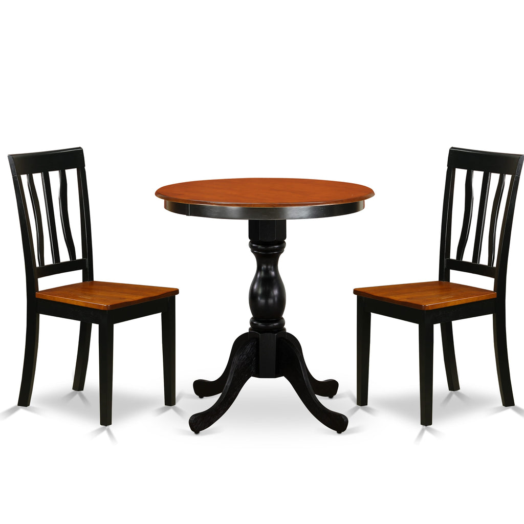 East West Furniture ESAN3-BCH-W 3 Piece Kitchen Table Set for Small Spaces Contains a Round Dining Room Table with Pedestal and 2 Solid Wood Seat Chairs, 30x30 Inch, Black & Cherry