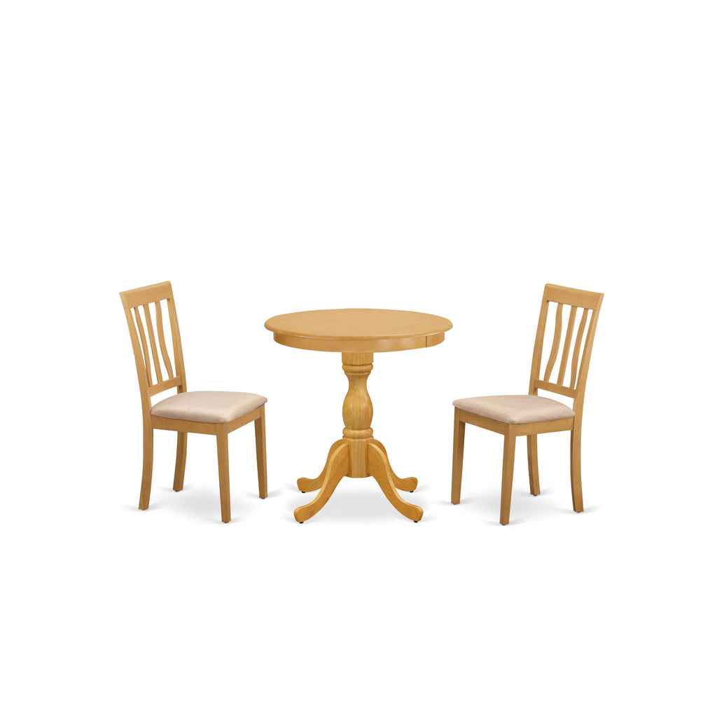 East West Furniture ESAN3-OAK-C 3 Piece Kitchen Table & Chairs Set Contains a Round Dining Room Table with Pedestal and 2 Linen Fabric Upholstered Chairs, 30x30 Inch, Oak